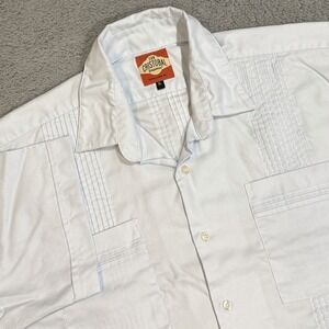 San Cristobal Shirt Mens XL Blue Pleated Short Sleeve Button Guayabera Pockets